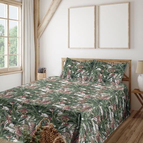 Ambesonne Exotic Fitted & Flat Sheet with Shams 4 Pcs Set, Watercolor Bird Strelitzia, Queen, Olive Green Pale Rust