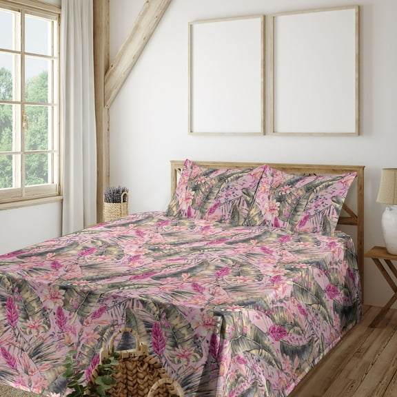 Ambesonne Exotic Fitted & Flat Sheet with Shams 4 Pcs Set, Vintage Floral Ornament Wild, Queen, Pink and Sage Green
