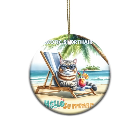 Exotic Shorthair Hello Summer Beach Theme with Sunglasses and Tropical Cocktail Ceramic Round Ornament Cat Lover Kitten Owner Gifts Home Tree Decor - 00009