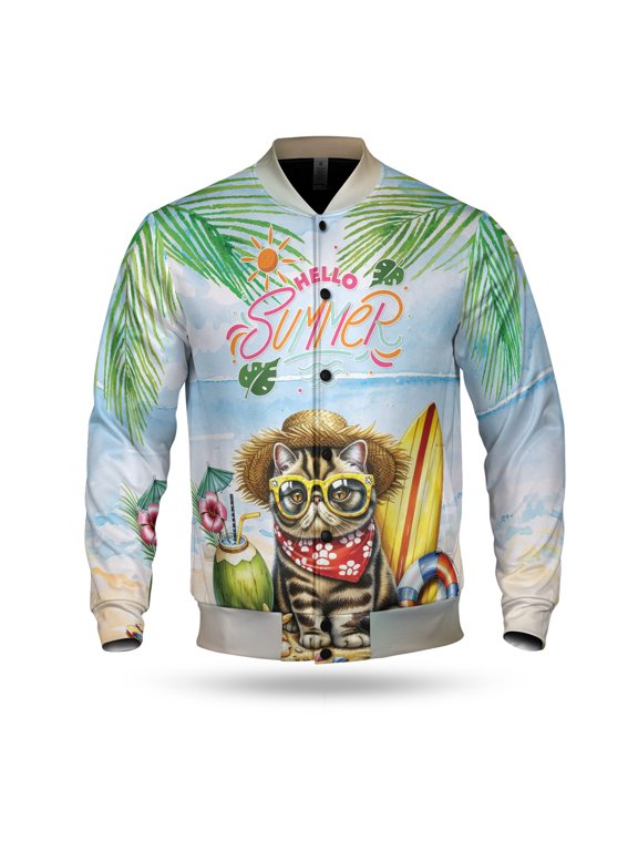Exotic Shorthair Hello Summer with Sunglasses and Surfboard Tropical Vibes All Over Print 3D Baseball Jacket Cat Lover Kitten Owner Gifts Bomber Jacket Softball - 00007