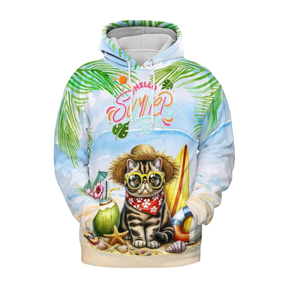 Exotic Shorthair Hello Summer with Sunglasses and Surfboard Tropical Vibes All Over Print 3D Hoodie Unisex Merch Hoodies Cat Lover Kitten Owner Gifts - 00007