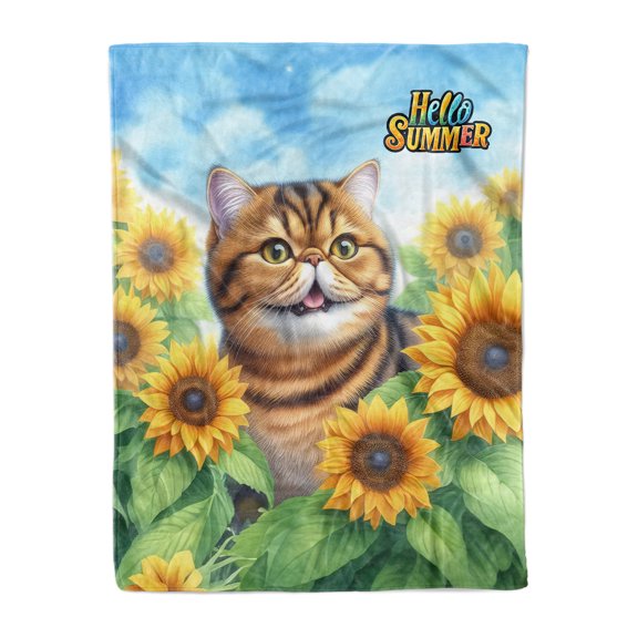 Exotic Shorthair Hello Summer Sunshine Sunflowers Spring Retro Vintage Cozy Fleece Blanket Cat Lover Kitten Owner Gifts Warm Soft Throw Blanket - 00008