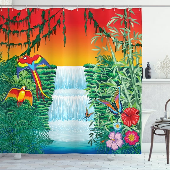 Exotic Shower Curtain, Landscape of Tropic Botany Parrots Waterfall at Ombre Sunset Scenery, Fabric Bathroom Set with Hooks, 69W X 70L Inches, Lime Green and Multicolor, by Ambesonne