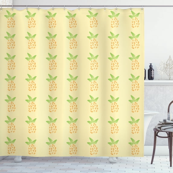Exotic Shower Curtain, Watercolor Pineapple with Brush Strokes Hawaii Themed Illustration, Fabric Bathroom Set with Hooks, 69W X 75L Inches Long, Orange Pale Yellow Green, by Ambesonne