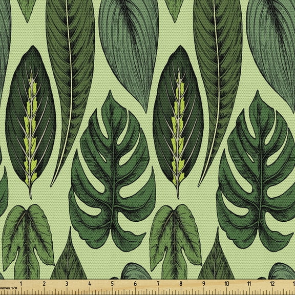 Ambesonne Exotic Fabric by the Yard Upholstery, Palm Leaves Jungle Plants, 2 Yards, Green Dark Green