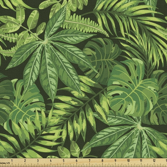 Ambesonne Exotic Fabric by the Yard Upholstery, Various Tropical Leaves Art, 1 Yard, Evergreen Multicolor