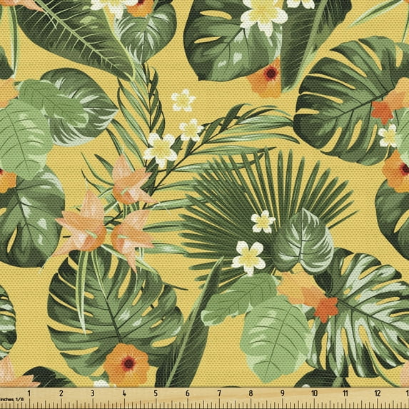 Ambesonne Exotic Fabric by the Yard Upholstery, Summer Flowers Bloom Pattern, 3 Yards, Pale Orange and Hunter Green