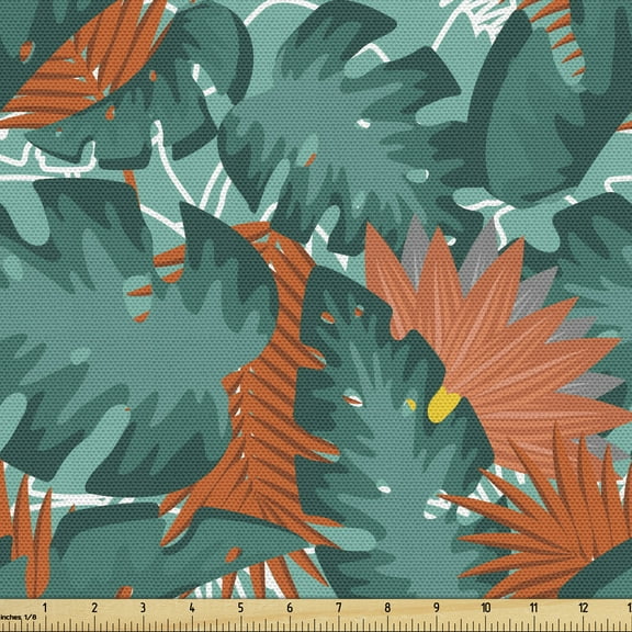 Ambesonne Exotic Fabric by the Yard Upholstery, Tropical Jungle Monstera, 1 Yard, Teal Orange and Turquoise