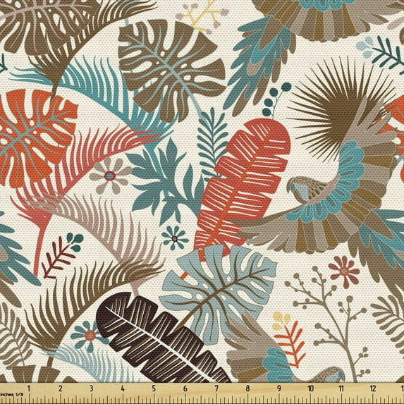 Exotic Sofa Upholstery Fabric by the Yard, Tropical Leaves and Parrots in Abstract Earthy Tones Repetitive Pattern, Decorative Fabric for DIY and Home Accents, Ivory and Multicolor by Ambesonne
