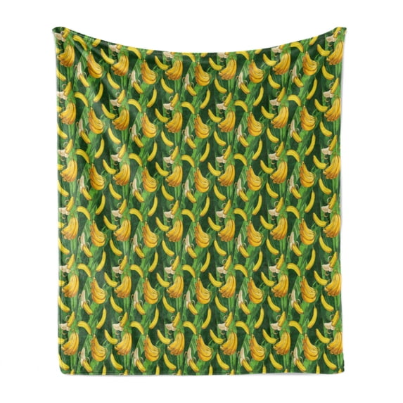 Exotic Soft Flannel Fleece Blanket, Banana Palm Tree Leaves Rainforest Fruits Vitamin Growth Tropic Design, Cozy Plush for Indoor and Outdoor Use, 50" x 70", Earth Yellow Fern Green, by Ambesonne