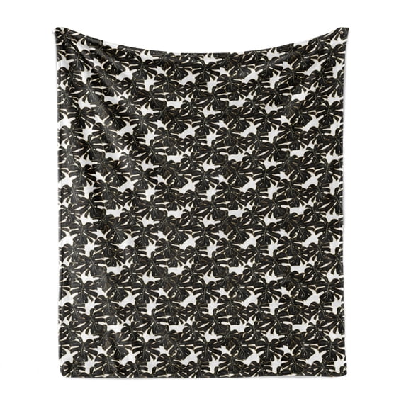 Exotic Soft Flannel Fleece Blanket, Big Monstera Leaves Outline Drawn in Golden Yellow Tone Retro Hawaiian, Cozy Plush for Indoor and Outdoor Use, 50" x 70", Charcoal Grey and White, by Ambesonne