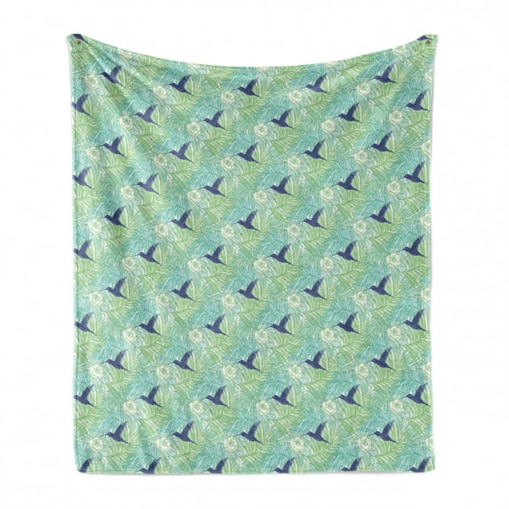 Exotic Soft Flannel Fleece Blanket, Colorful Demonstration of Natural Palm Leaves Flowers and Bird Silhouettes, Cozy Plush for Indoor and Outdoor Use, 50" x 60", Lavender and Green, by Ambesonne