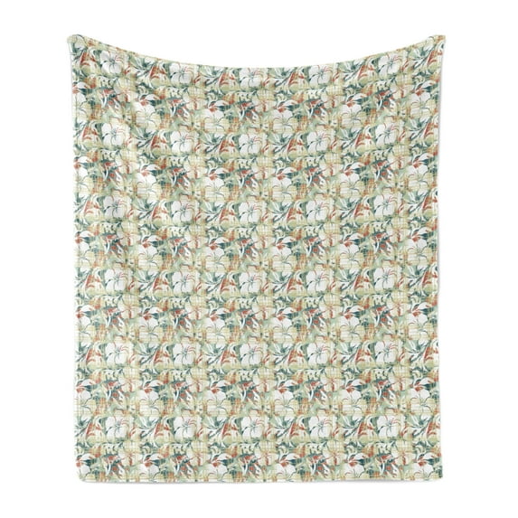 Exotic Soft Flannel Fleece Blanket, Hibiscus Blossoms on Tartan Plaid Background Hawaiian Traditional Design, Cozy Plush for Indoor and Outdoor Use, 50" x 70", Pale Green Dark Salmon, by Ambesonne