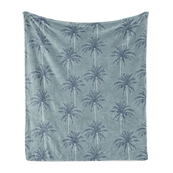 Exotic Soft Flannel Fleece Blanket, Natural Theme Tropical Palm Trees Pattern Along Aloha Writing Print, Cozy Plush for Indoor and Outdoor Use, 50" x 70", Slate Blue and Pale Teal, by Ambesonne