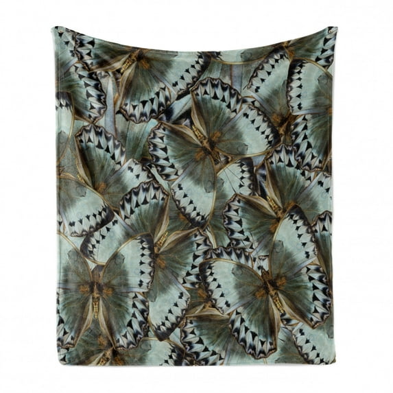 Exotic Soft Flannel Fleece Throw Blanket, Butterflies Jungle Queen Animal Wings Nature Moth Transform Print, Cozy Plush for Indoor and Outdoor Use, 50" x 60", Almond Green Black, by Ambesonne
