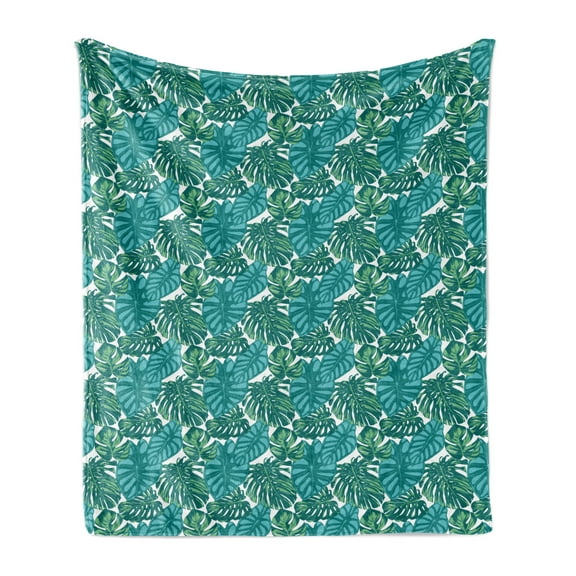 Exotic Soft Flannel Fleece Throw Blanket, Continuous Jungle Foliage Pattern with Tropical Leaves, Cozy Plush for Indoor and Outdoor Use, 60" x 80", Teal Dark Teal, by Ambesonne