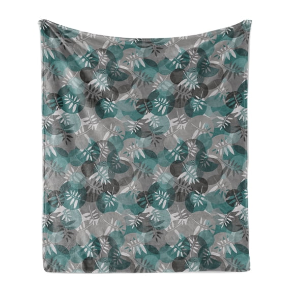 Exotic Soft Flannel Fleece Throw Blanket, Jungle Forest Leaves with Circle Spirals and Rounds Exotic Geometric, Cozy Plush for Indoor and Outdoor Use, 50" x 70", Hunter Green and Grey, by Ambesonne