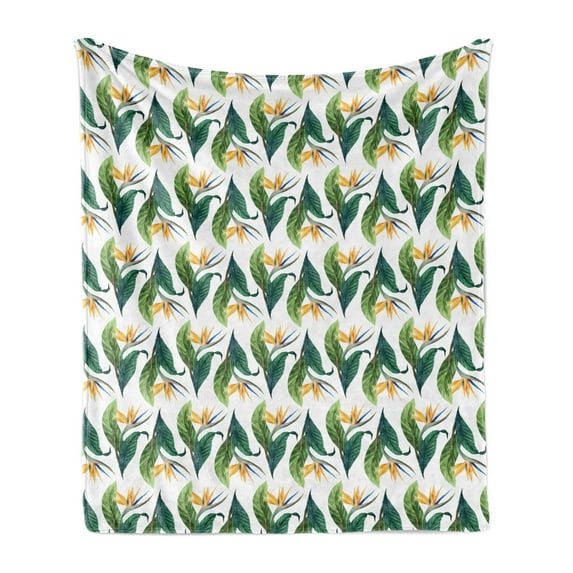 Exotic Soft Flannel Fleece Throw Blanket, Macro Watercolor Painting of Bird of Paradise Flower and Leaves, Cozy Plush for Indoor and Outdoor Use, 60" x 80", Multicolor, by Ambesonne