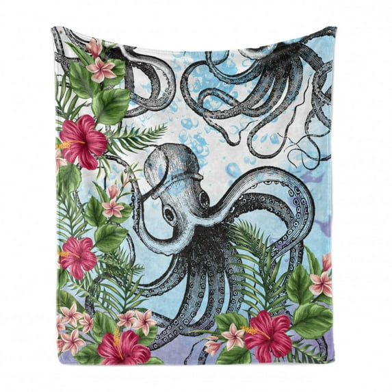 Exotic Soft Flannel Fleece Throw Blanket, Outline Octopus with Tropical Leaves Hibiscus and Plumeria Flowers Illustration, Cozy Plush for Indoor and Outdoor Use, 50" x 60", Multicolor, by Ambesonne