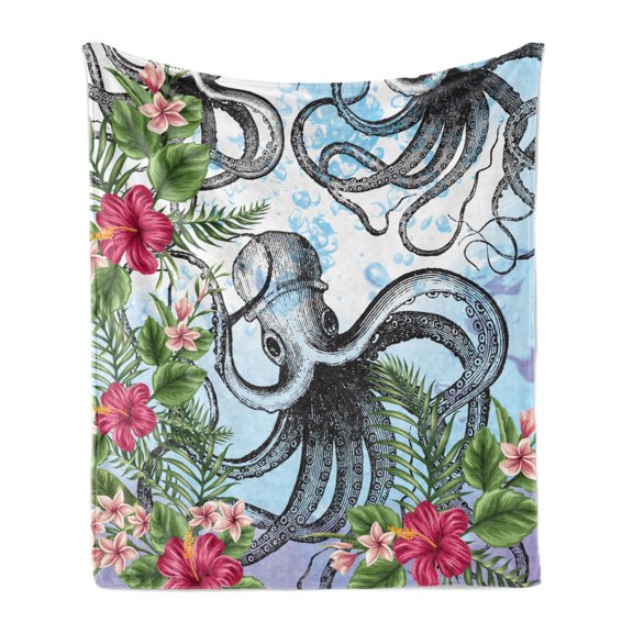 Exotic Soft Flannel Fleece Throw Blanket, Outline Octopus with Tropical Leaves Hibiscus and Plumeria Flowers Illustration, Cozy Plush for Indoor and Outdoor Use, 60" x 80", Multicolor, by Ambesonne