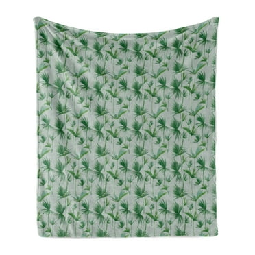 Exotic Soft Flannel Fleece Throw Blanket, Print of Vertically Scattered Palm Leaves Hawaiian Vibes, Cozy Plush for Indoor and Outdoor Use, 60" x 80", Laurel Green Fern Green, by Ambesonne