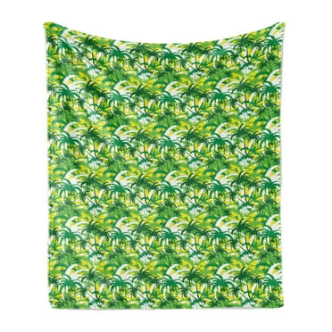 Exotic Soft Flannel Fleece Throw Blanket, Refreshing Hawaiian Palm Trees in Various Green Tones, Cozy Plush for Indoor and Outdoor Use, 50" x 70", Shamrock Green Yellow, by Ambesonne