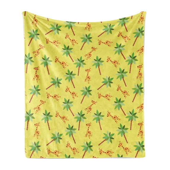 Exotic Soft Flannel Fleece Throw Blanket, Repetitive Giraffe Palm Trees in Summer Colors Illustration Pattern, Cozy Plush for Indoor and Outdoor Use, 60" x 80", Pastel Yellow Multicolor, by Ambesonne