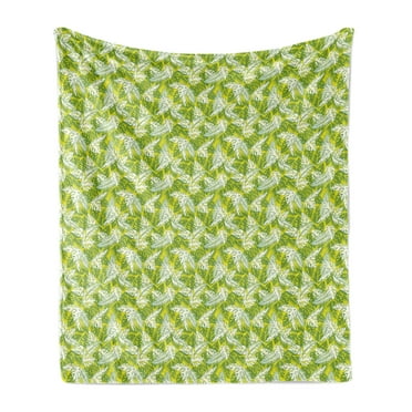 Exotic Soft Flannel Fleece Throw Blanket, Tropical Design of Various Hawaiian Leaves Island Feels, Cozy Plush for Indoor and Outdoor Use, 50" x 70", Yellow Green White, by Ambesonne