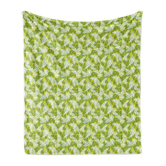 Exotic Soft Flannel Fleece Throw Blanket, Tropical Design of Various Hawaiian Leaves Island Feels, Cozy Plush for Indoor and Outdoor Use, 50" x 70", Yellow Green White, by Ambesonne