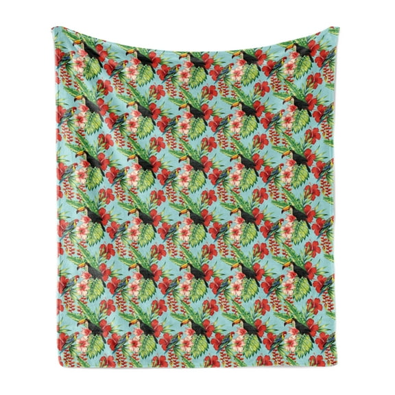 Exotic Soft Flannel Fleece Throw Blanket, Tropical Illustration of Hibiscus Flowers and Leaves with Parrot and Toucan Birds, Cozy Plush for Indoor and Outdoor Use, 50" x 60", Multicolor, by Ambesonne