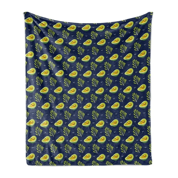 Exotic Soft Flannel Fleece Throw Blanket, Tropical Pattern of Exotic Papayas and Branches on a Dark Background, Cozy Plush for Indoor and Outdoor Use, 50" x 60", Indigo and Pale Green, by Ambesonne