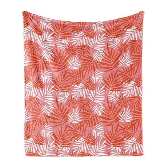 Exotic Soft Flannel Fleece Throw Blanket, Vibrant Palm Leaves Long Tropical Botany Items Hawaiian Vibes, Cozy Plush for Indoor and Outdoor Use, 50" x 70", Pastel Pink Vermilion, by Ambesonne