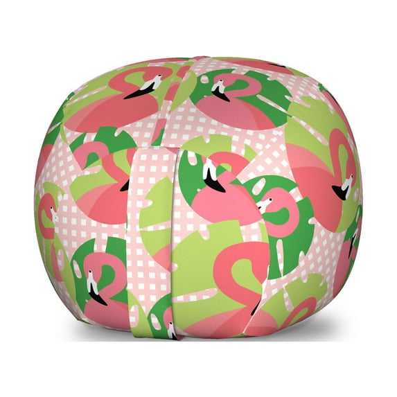 Exotic Storage Toy Bag Chair, Flamingo Birds in Doodle with Palm Leaves on Tartan Backdrop Print, Stuffed Animal Organizer Washable Bag, Small Size, Fern Green and Pink, by Ambesonne