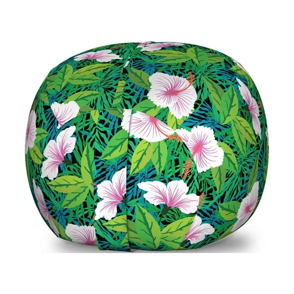 Exotic Storage Toy Bag Chair, Jungle Flower Blooming Rainforest Flora Tropical Hibiscus Shabby Motif, Stuffed Animal Organizer Washable Bag, Large Size, Lime Green Multicolor, by Ambesonne