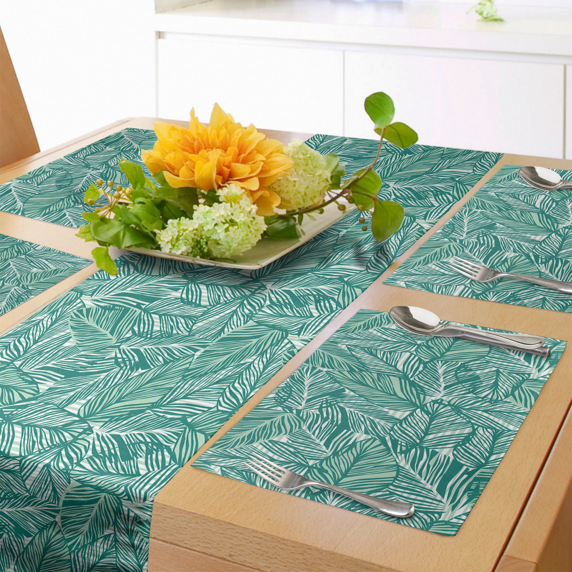 Exotic Table Runner & Placemats, Abstract Jungle Leaves Monstera