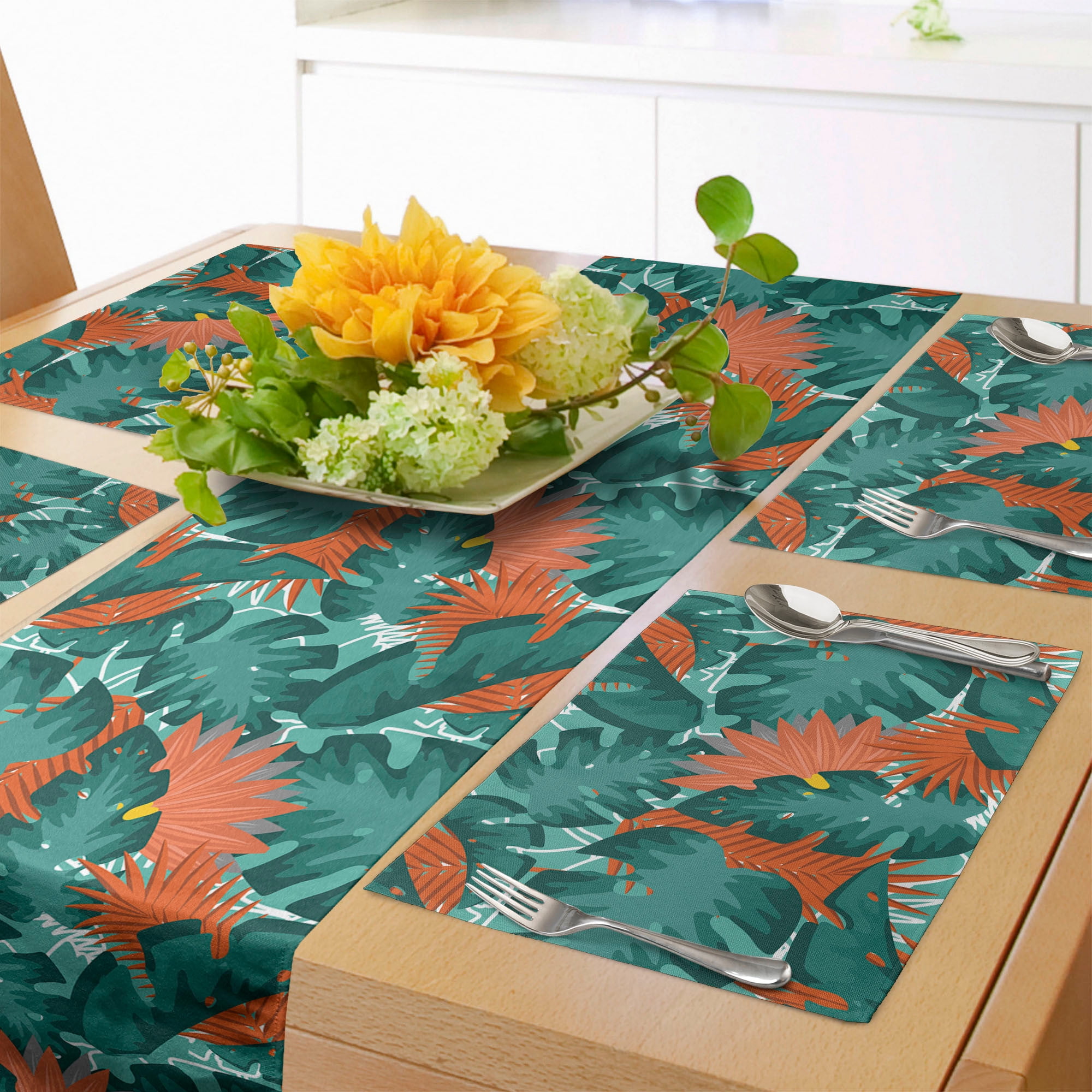 Exotic Table Runner & Placemats, Tropical Jungle Monstera Banana Palm