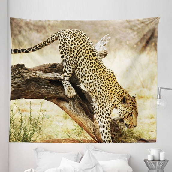 Exotic Tapestry, Leopard on Tree Trunk Desert Plants Exotic Hunter Predator Big Cat Image, Fabric Wall Hanging Decor for Bedroom Living Room Dorm, 5 Sizes, Yellow Green Brown, by Ambesonne
