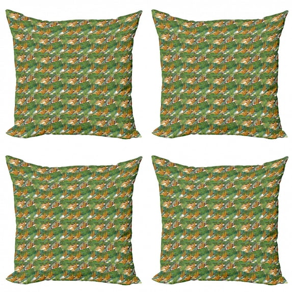 Exotic Throw Pillow Cushion Case Pack of 4, Continuous Pattern with Tropical Foliage Plant Leaves and Bird of Paradise Flower, Modern Accent Double-Sided Print, 4 Sizes, Multicolor, by Ambesonne