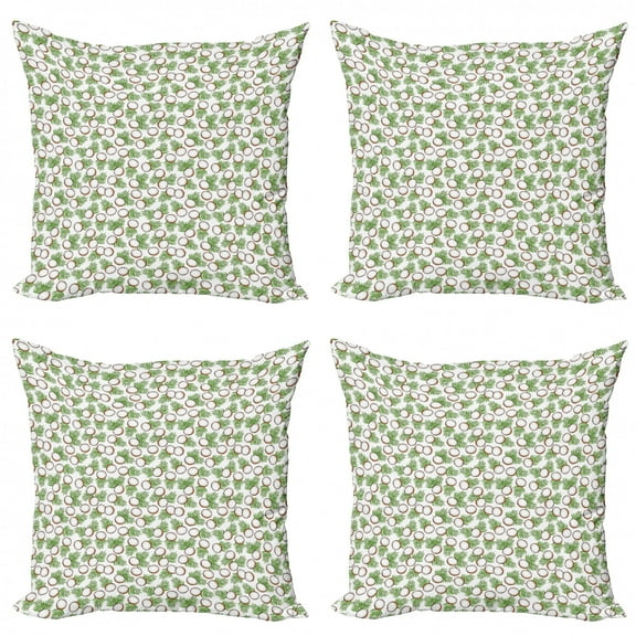Exotic Throw Pillow Cushion Case Pack of 4, Repetition of Tropical Coconut Fruit Pattern with Leaves, Modern Accent Double-Sided Print, 4 Sizes, Ginger Fern Green, by Ambesonne