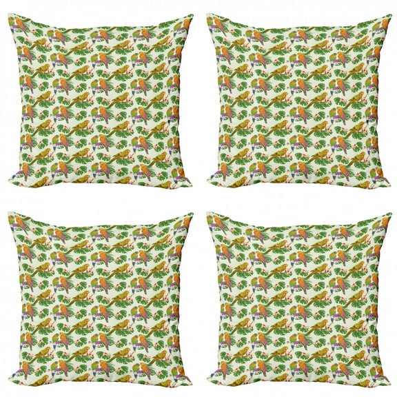 Ambesonne Exotic Throw Pillow Cover 4 Pack, Vivid Floral Parrots, 16", Ivory and Multicolor