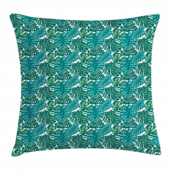 Exotic Throw Pillow Cushion Cover, Continuous Jungle Foliage Pattern with Tropical Leaves, Decorative Square Accent Pillow Case, 16" X 16", Teal Dark Teal Shamrock Green Sea Blue, by Ambesonne