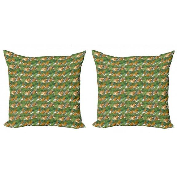 Exotic Throw Pillow Cushion Cover Pack of 2, Continuous Pattern with Tropical Foliage Plant Leaves and Bird of Paradise Flower, Zippered Double-Side Digital Print, 4 Sizes, Multicolor, by Ambesonne