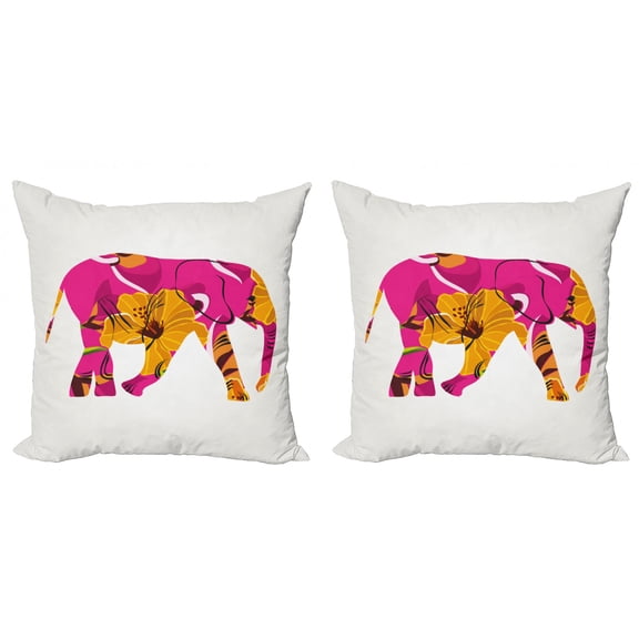 Exotic Throw Pillow Cushion Cover Pack of 2, Elephant Silhouette Ornamented with Tropical Flowers, Zippered Double-Side Digital Print, 4 Sizes, Yellow Magenta, by Ambesonne