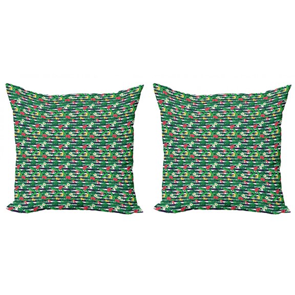 Exotic Throw Pillow Cushion Cover Pack of 2, Repetitive Jungle Bouquets with Tropic Flowers and Leaves on Navy Stripes, Zippered Double-Side Digital Print, 4 Sizes, Multicolor, by Ambesonne