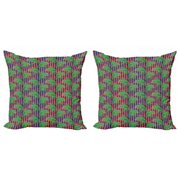 Exotic Throw Pillow Cushion Cover Pack of 2, Repetitive Exotic Setting Chameleons with Palm Leaves on Stripes, Zippered Double-Side Digital Print, 4 Sizes, Pink Green, by Ambesonne