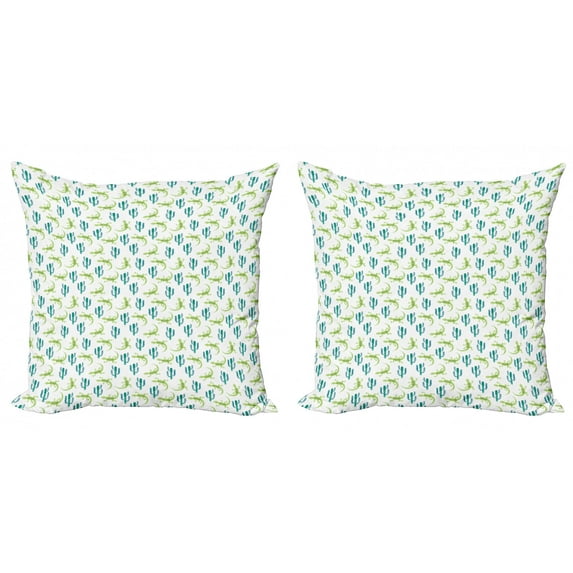 Ambesonne Exotic Throw Pillow Cover 2 Pack, Watercolor Lizards and Cacti, 18", Sea Blue Lime Green