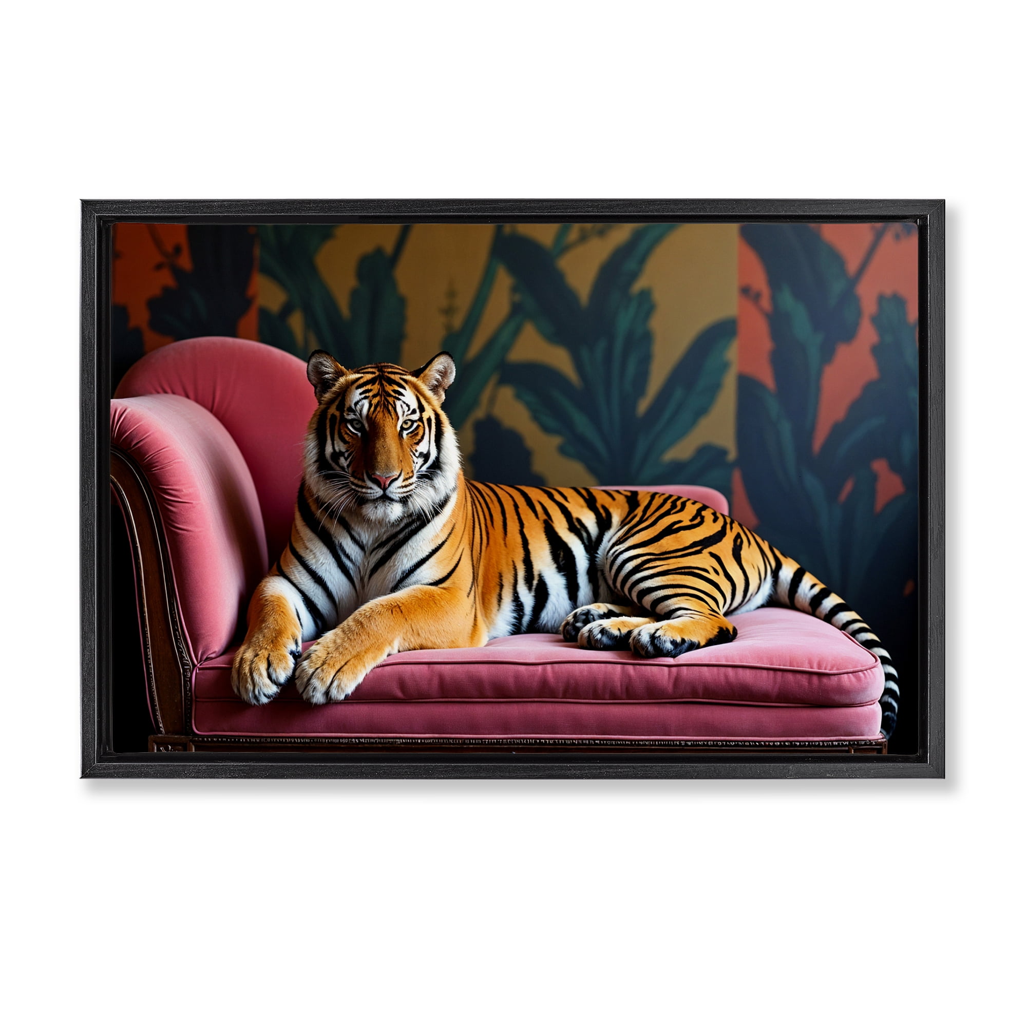 Exotic Tiger Lounging Black Framed Floater Canvas Wall Art, design by Lettered and Lined