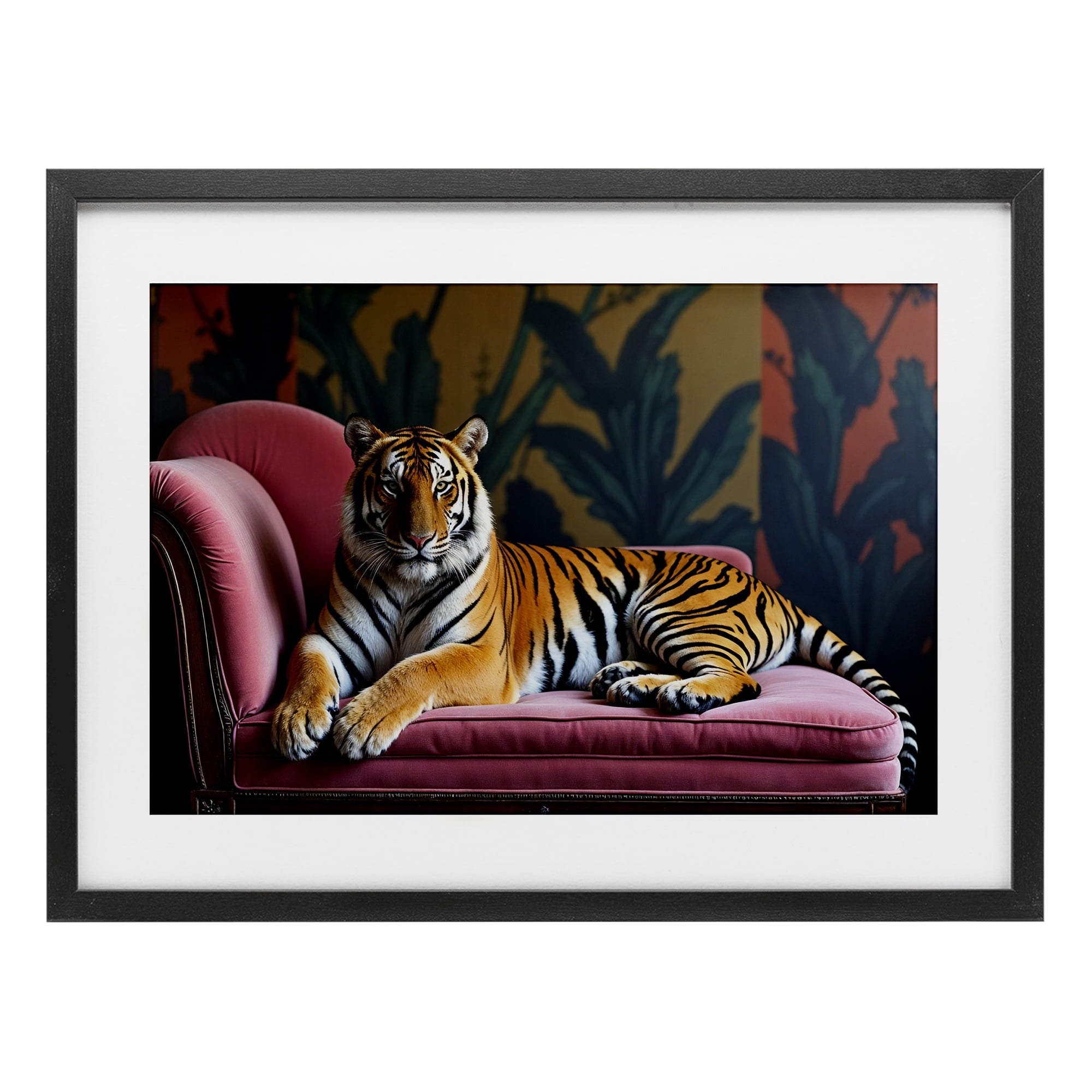 Exotic Tiger Lounging Black Framed Print Under Glass, design by Lettered and Lined