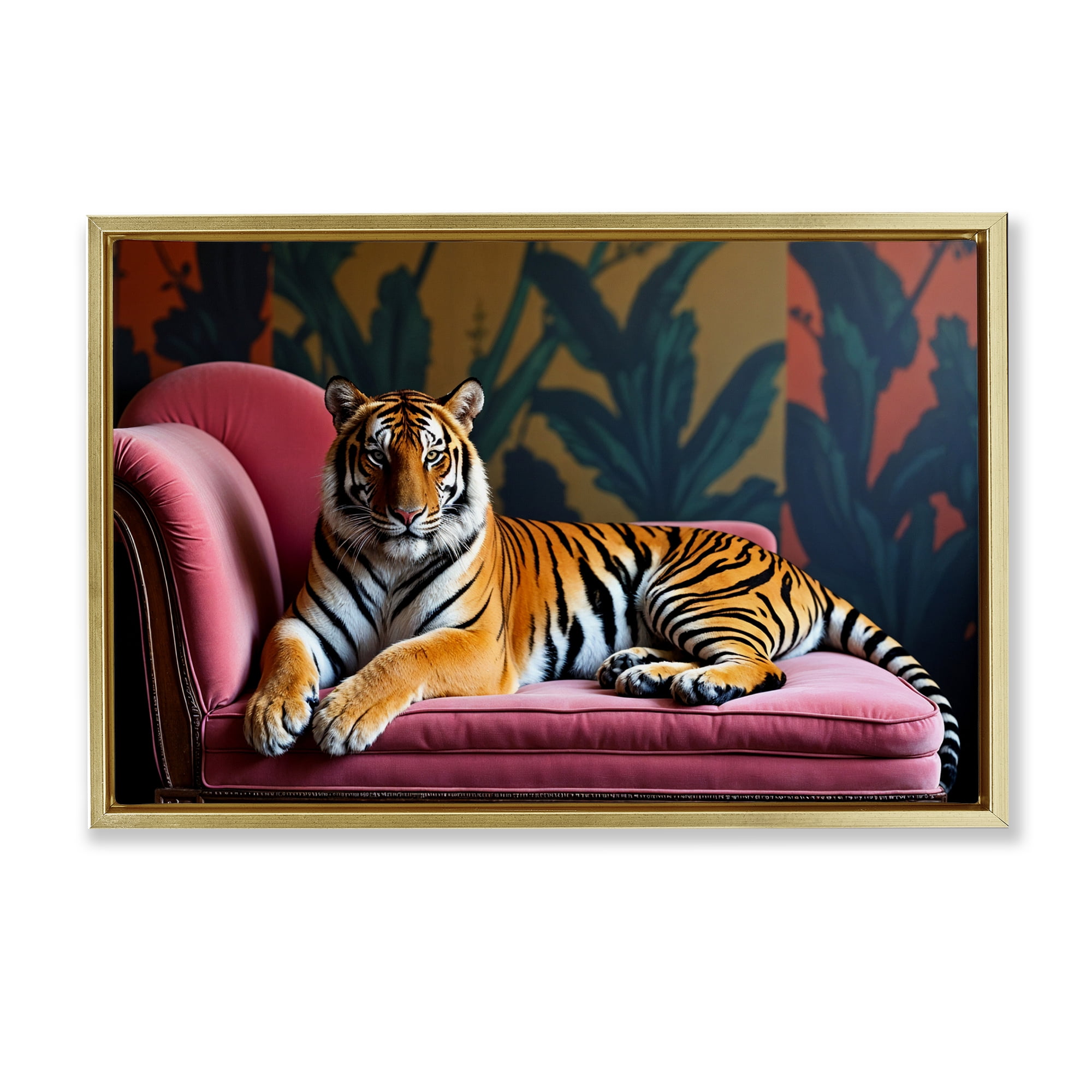 Exotic Tiger Lounging Gold Framed Floater Canvas Wall Art, design by Lettered and Lined