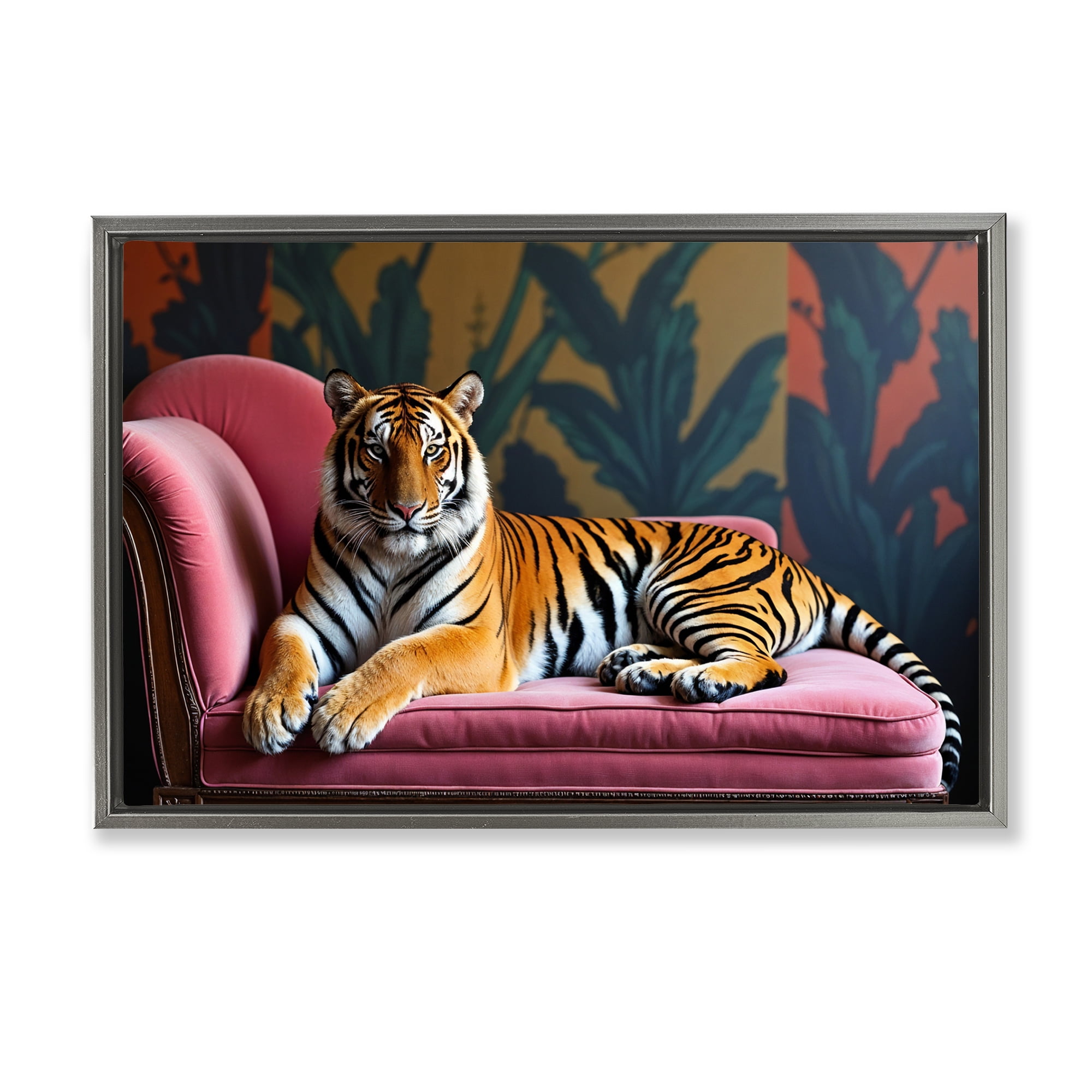 Exotic Tiger Lounging Gray Framed Floater Canvas Wall Art, design by Lettered and Lined